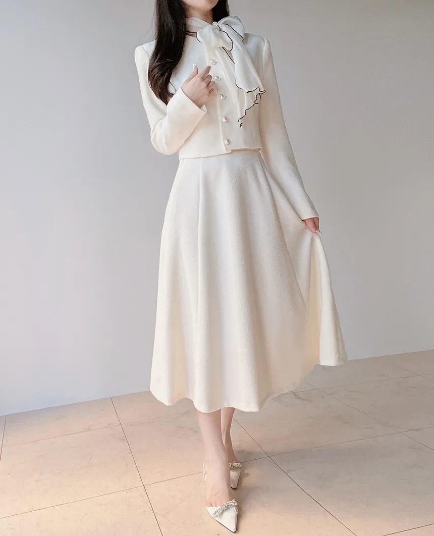 ツイードラウンドネックパール調ボタン肩パッドジャケットスカーフ付 | mirangmirang | 詳細画像35