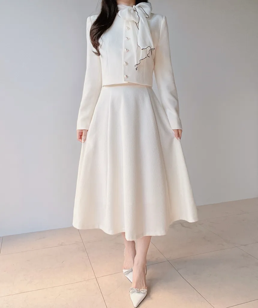 ツイードラウンドネックパール調ボタン肩パッドジャケットスカーフ付 | mirangmirang | 詳細画像36