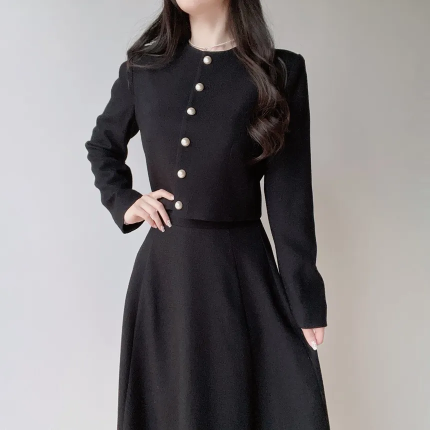 ツイードラウンドネックパール調ボタン肩パッドジャケットスカーフ付 | mirangmirang | 詳細画像54