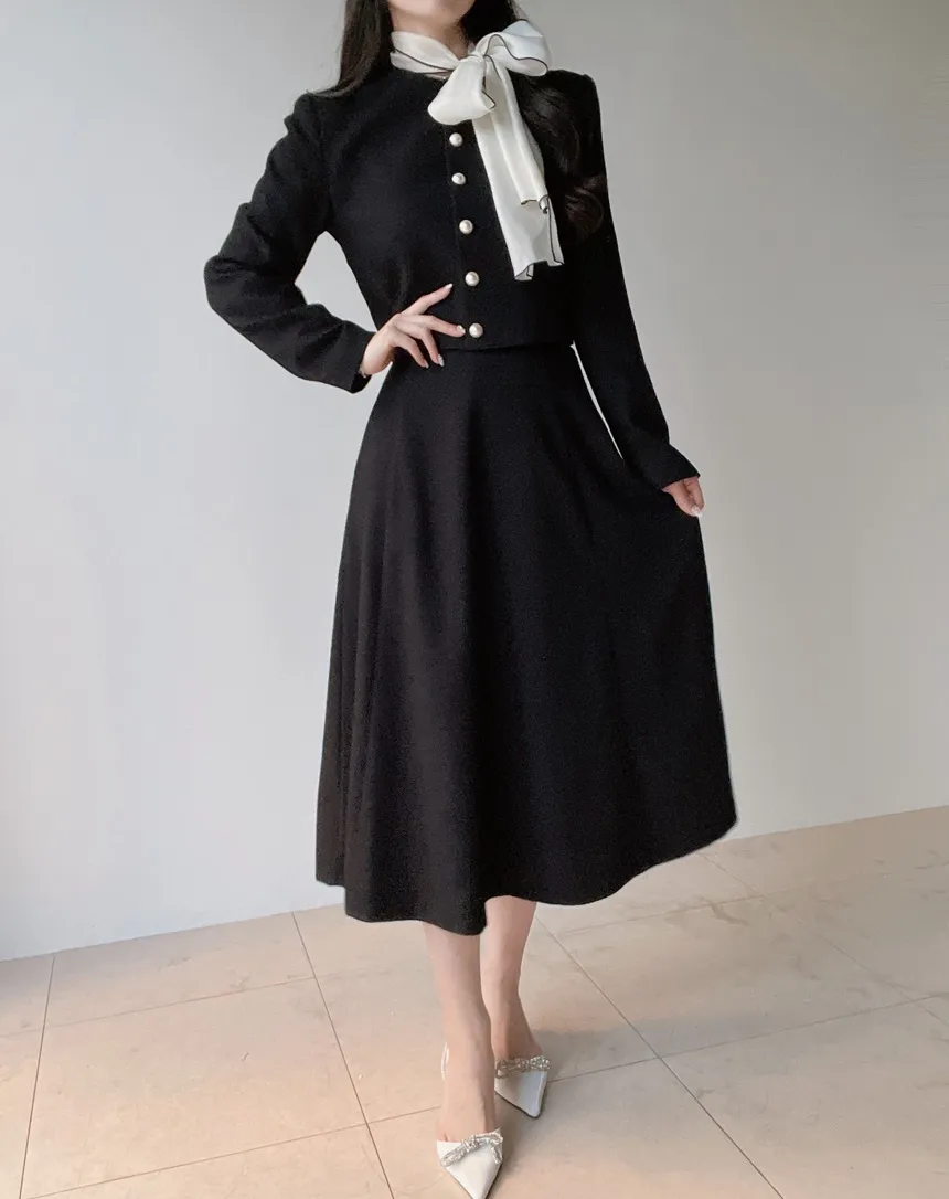 ツイードラウンドネックパール調ボタン肩パッドジャケットスカーフ付 | mirangmirang | 詳細画像58