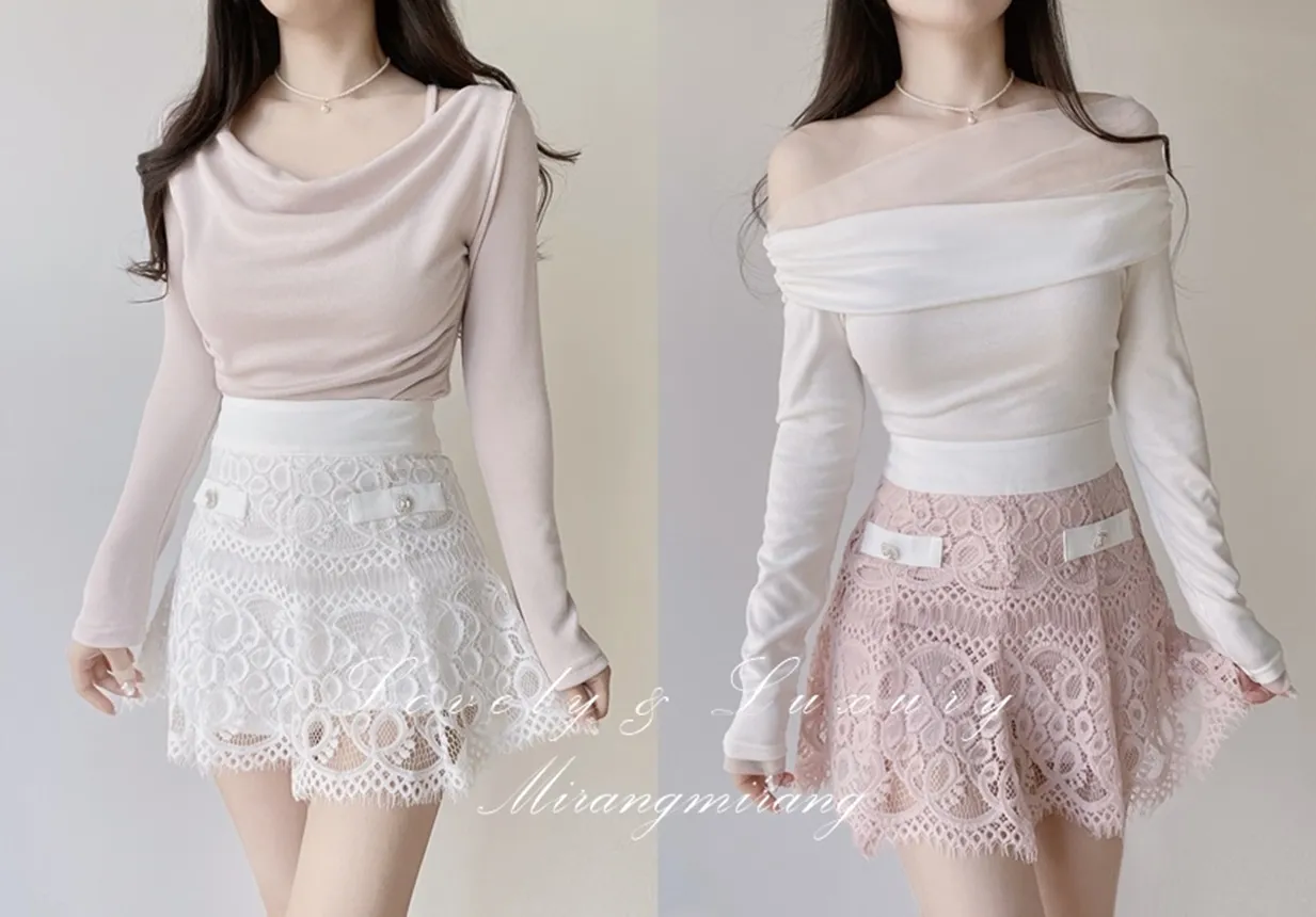 レースフェイクポケットミニフレアサイドジップスカート | mirangmirang | 詳細画像1