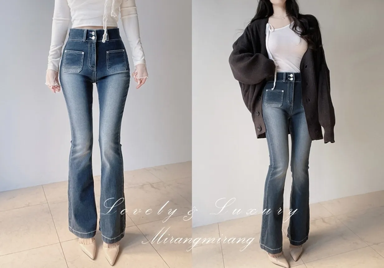 ハイウエストブーツカットウォッシングツーボタンポケットデニムパンツ | mirangmirang | 詳細画像1