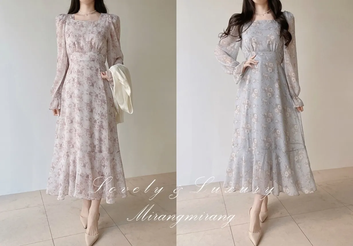 スクエアネックシャーリングパフスリーブロング長袖バックリボン小花柄ワンピース | mirangmirang | 詳細画像1