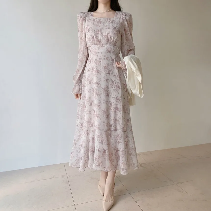 スクエアネックシャーリングパフスリーブロング長袖バックリボン小花柄ワンピース | mirangmirang | 詳細画像2