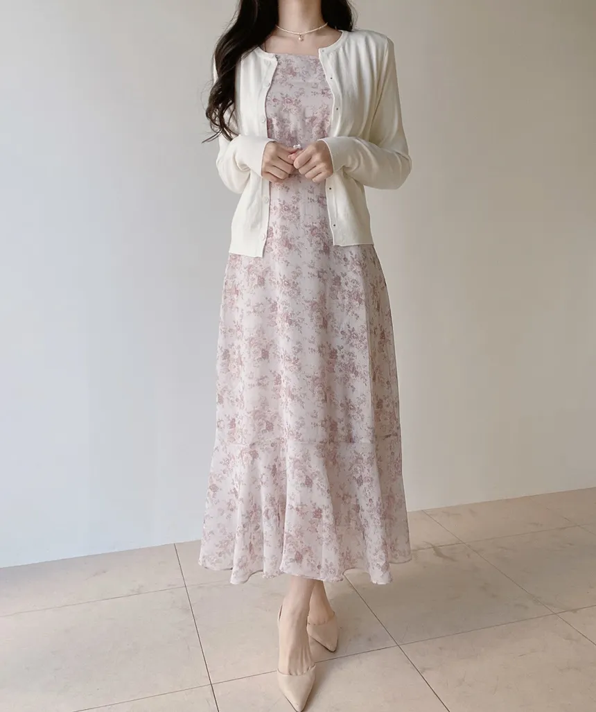 スクエアネックシャーリングパフスリーブロング長袖バックリボン小花柄ワンピース | mirangmirang | 詳細画像3