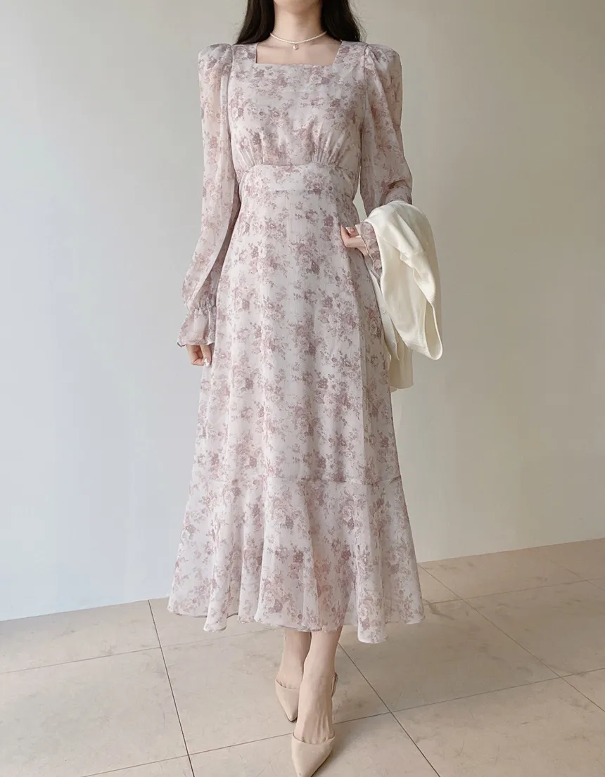 スクエアネックシャーリングパフスリーブロング長袖バックリボン小花柄ワンピース | mirangmirang | 詳細画像4