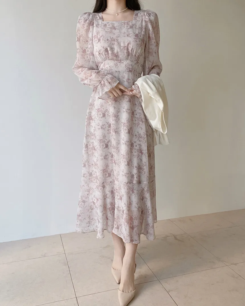 スクエアネックシャーリングパフスリーブロング長袖バックリボン小花柄ワンピース | mirangmirang | 詳細画像5