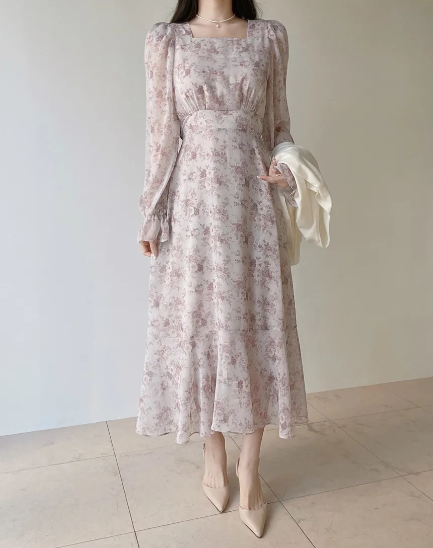 スクエアネックシャーリングパフスリーブロング長袖バックリボン小花柄ワンピース | mirangmirang | 詳細画像6