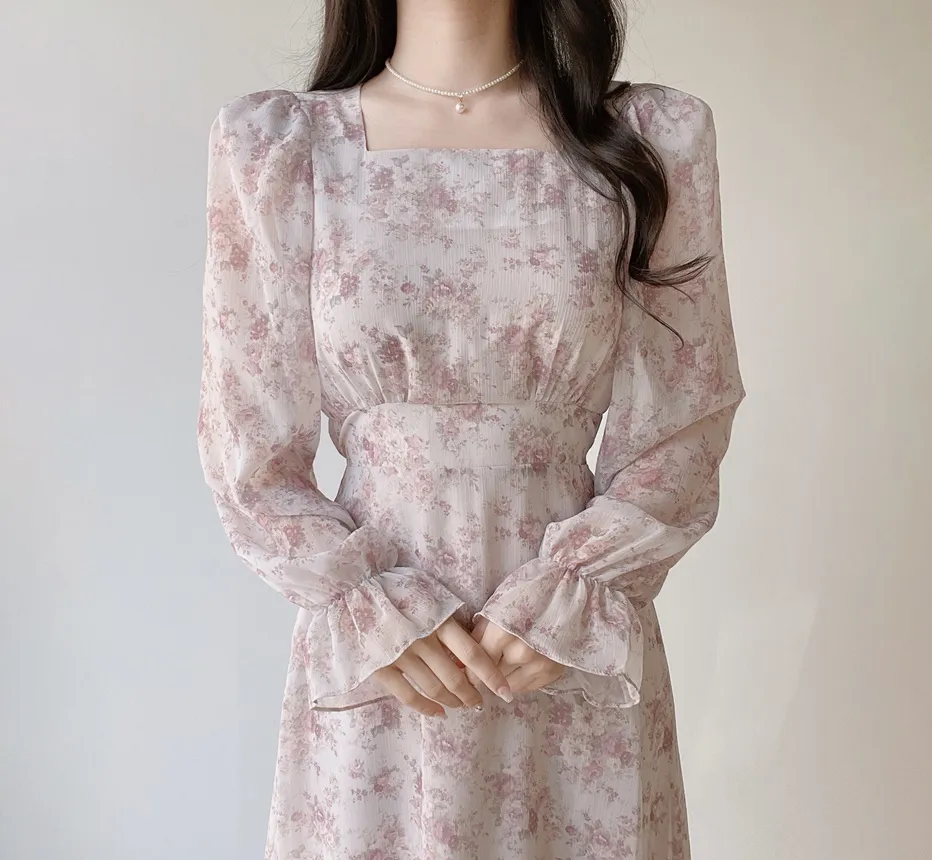 スクエアネックシャーリングパフスリーブロング長袖バックリボン小花柄ワンピース | mirangmirang | 詳細画像7