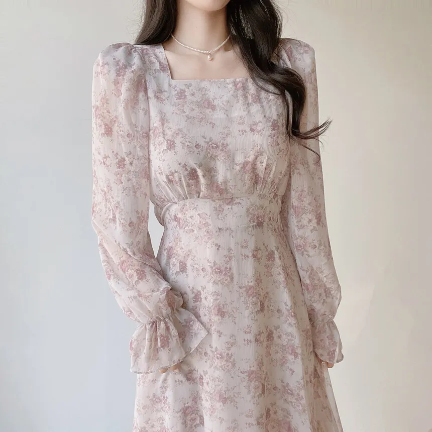 スクエアネックシャーリングパフスリーブロング長袖バックリボン小花柄ワンピース | mirangmirang | 詳細画像8