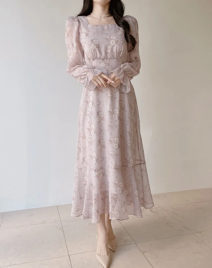 スクエアネックシャーリングパフスリーブロング長袖バックリボン小花柄ワンピース | mirangmirang | 詳細画像10