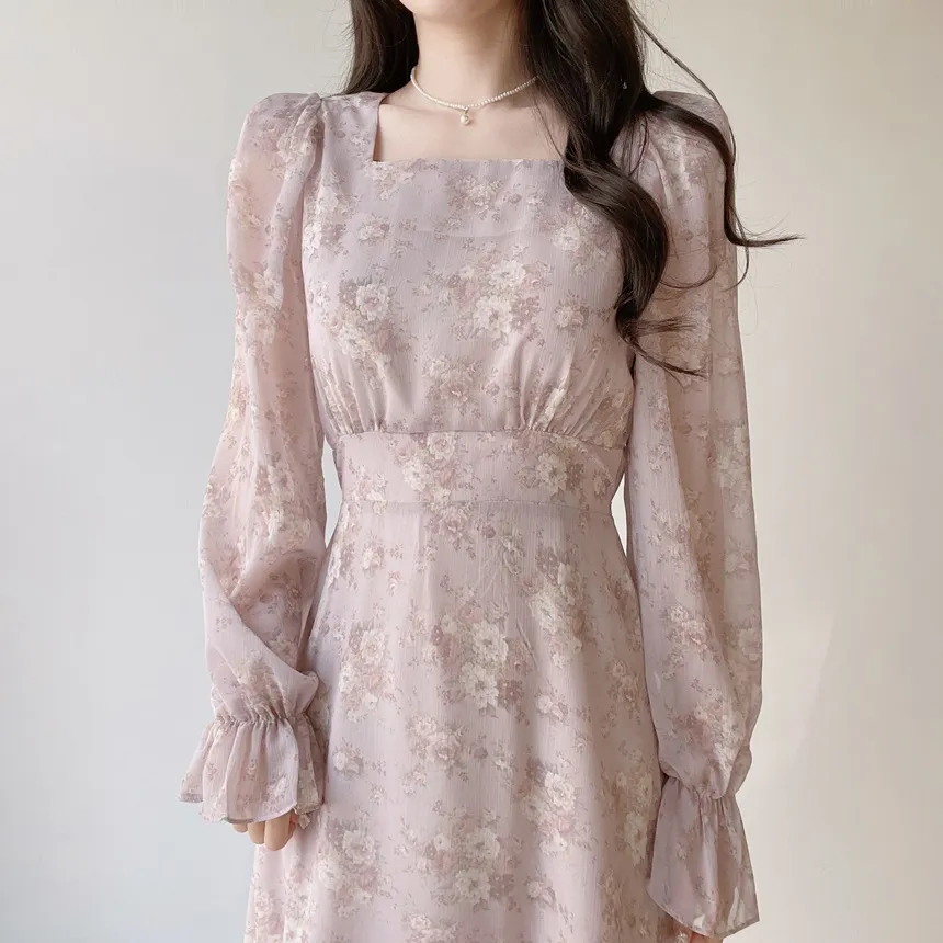 スクエアネックシャーリングパフスリーブロング長袖バックリボン小花柄ワンピース | mirangmirang | 詳細画像11