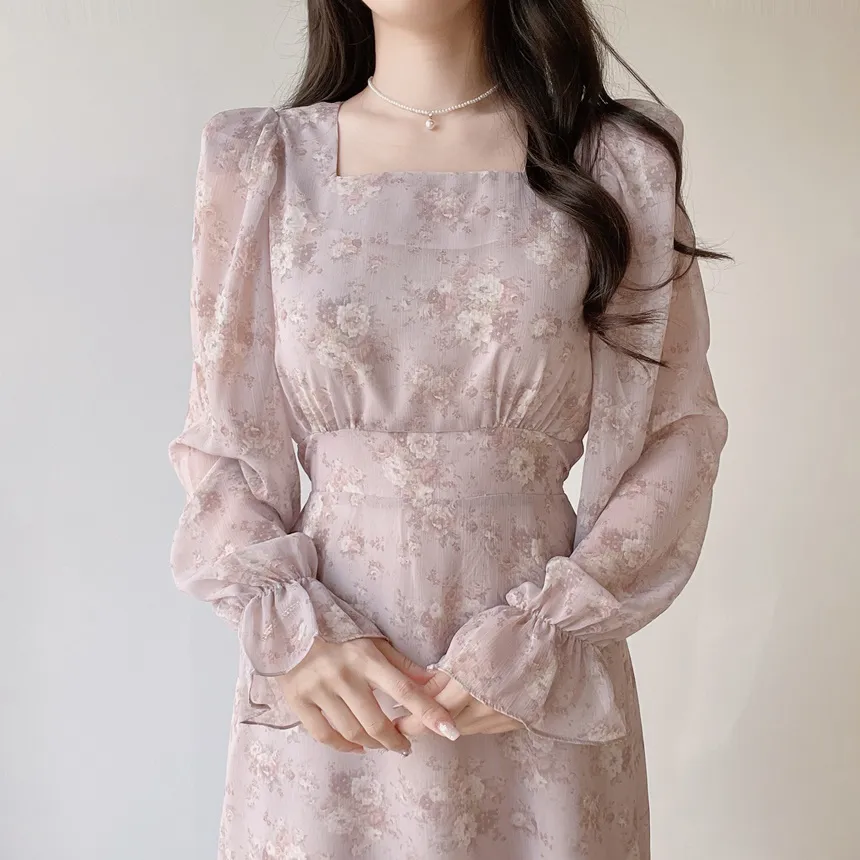 スクエアネックシャーリングパフスリーブロング長袖バックリボン小花柄ワンピース | mirangmirang | 詳細画像12