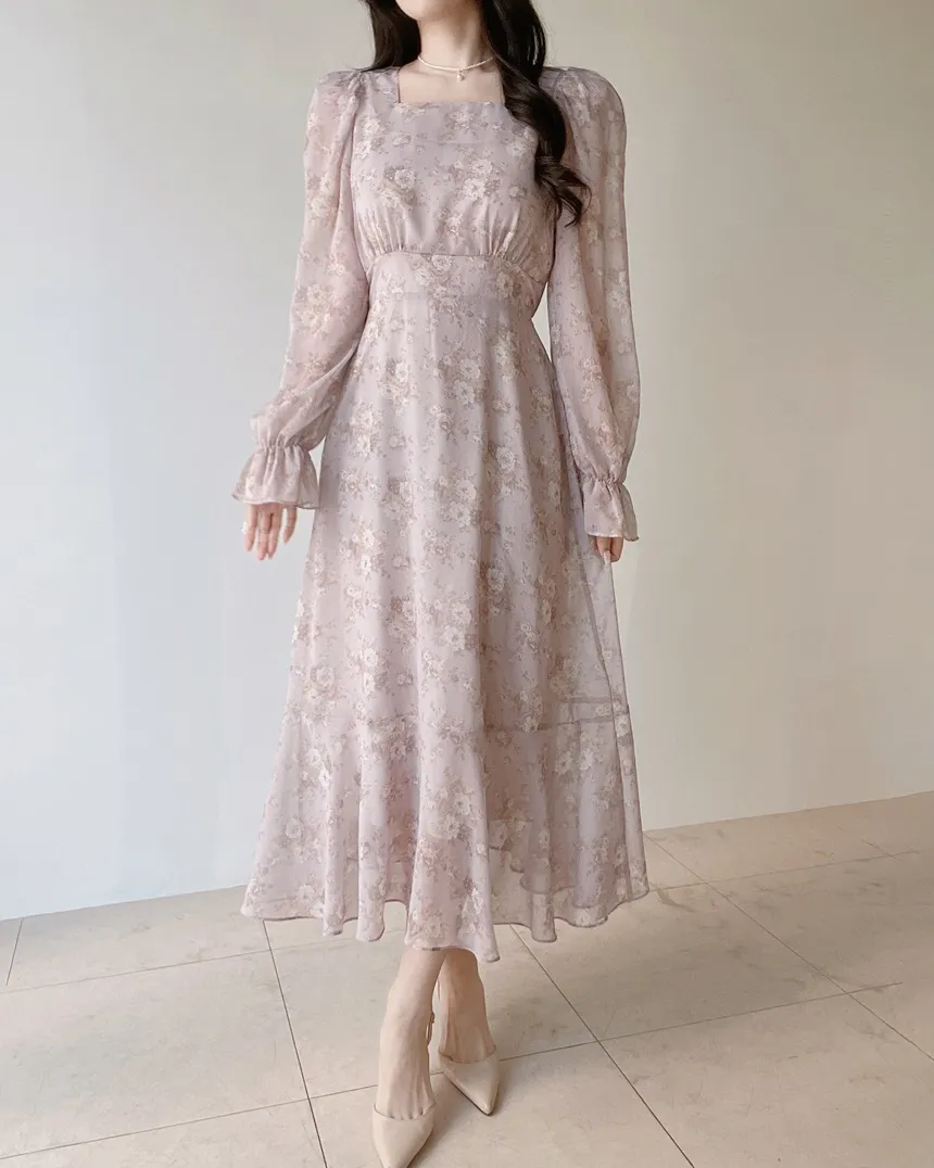 スクエアネックシャーリングパフスリーブロング長袖バックリボン小花柄ワンピース | mirangmirang | 詳細画像15