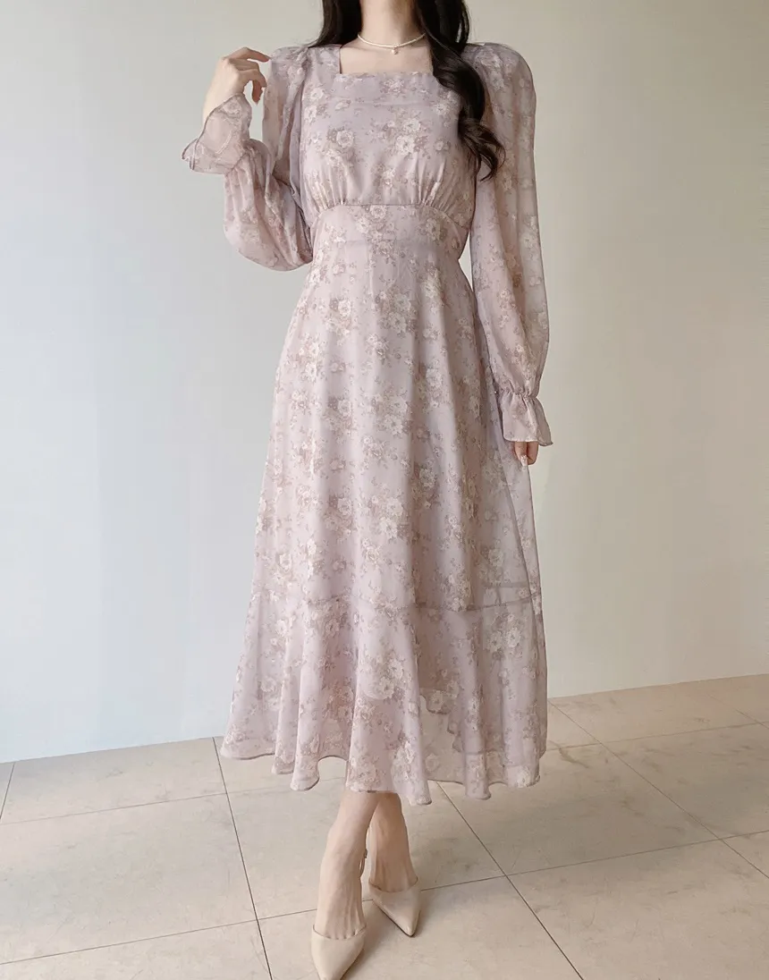 スクエアネックシャーリングパフスリーブロング長袖バックリボン小花柄ワンピース | mirangmirang | 詳細画像16