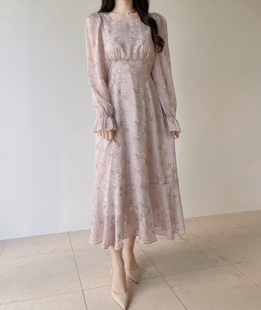 スクエアネックシャーリングパフスリーブロング長袖バックリボン小花柄ワンピース | mirangmirang | 詳細画像17