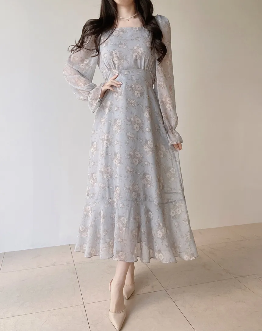 スクエアネックシャーリングパフスリーブロング長袖バックリボン小花柄ワンピース | mirangmirang | 詳細画像19