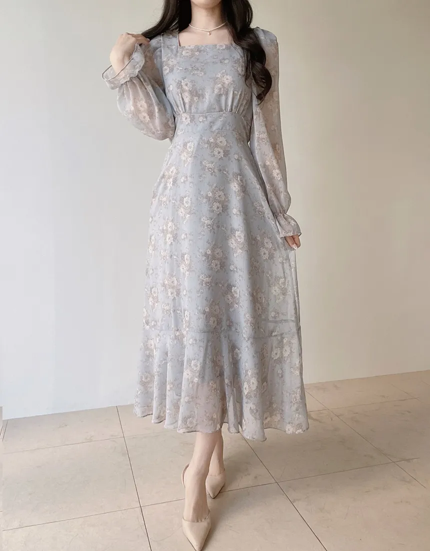 スクエアネックシャーリングパフスリーブロング長袖バックリボン小花柄ワンピース | mirangmirang | 詳細画像20