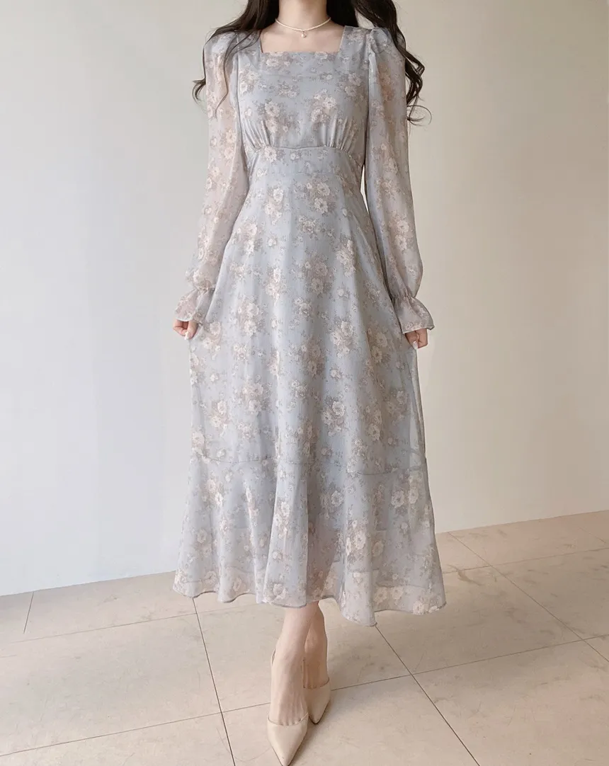 スクエアネックシャーリングパフスリーブロング長袖バックリボン小花柄ワンピース | mirangmirang | 詳細画像21