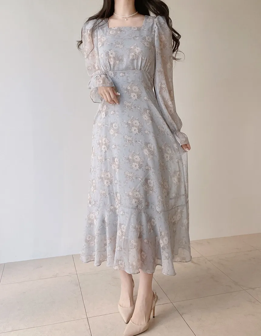 スクエアネックシャーリングパフスリーブロング長袖バックリボン小花柄ワンピース | mirangmirang | 詳細画像22