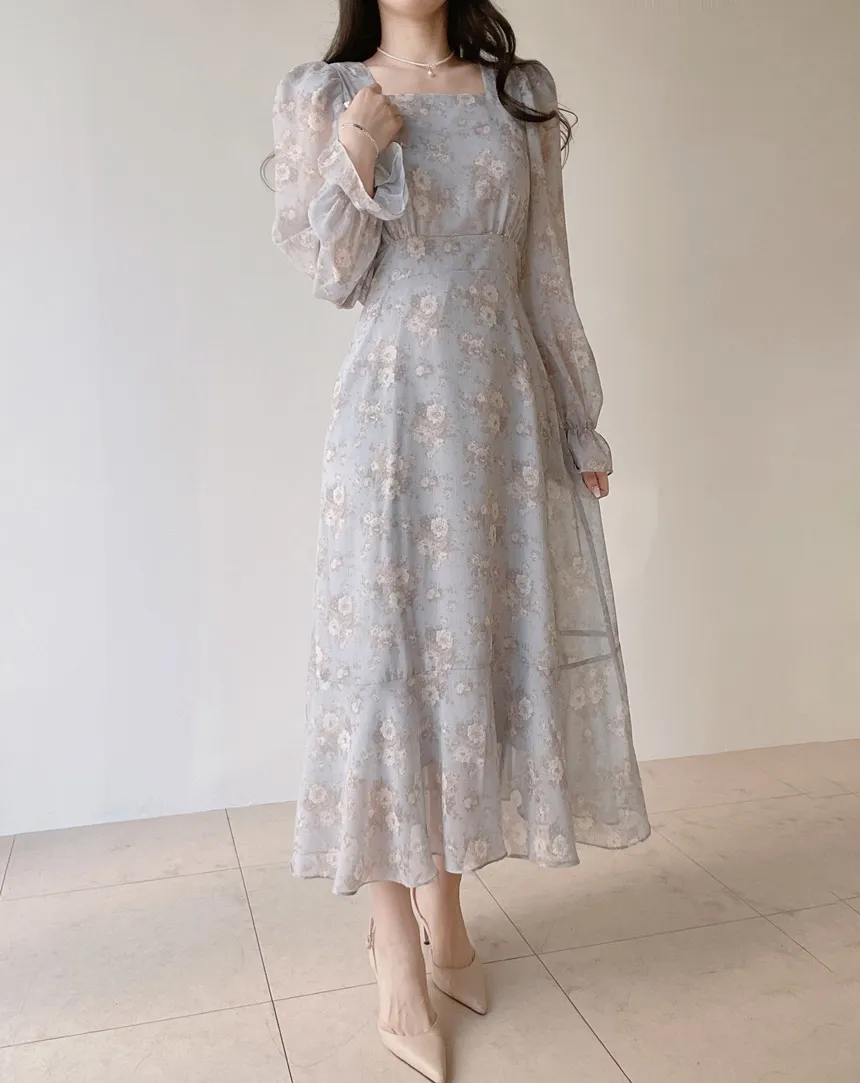 スクエアネックシャーリングパフスリーブロング長袖バックリボン小花柄ワンピース | mirangmirang | 詳細画像23