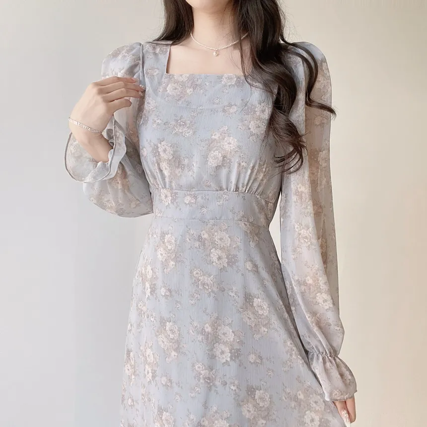 スクエアネックシャーリングパフスリーブロング長袖バックリボン小花柄ワンピース | mirangmirang | 詳細画像26