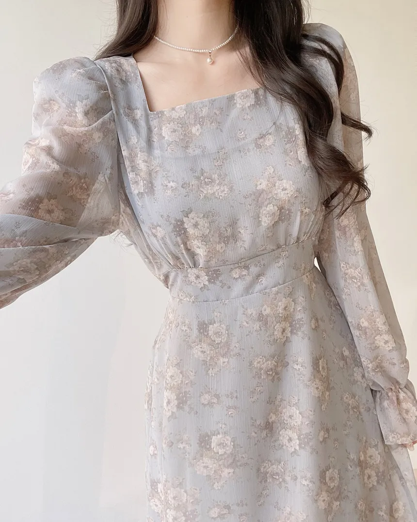 スクエアネックシャーリングパフスリーブロング長袖バックリボン小花柄ワンピース | mirangmirang | 詳細画像28