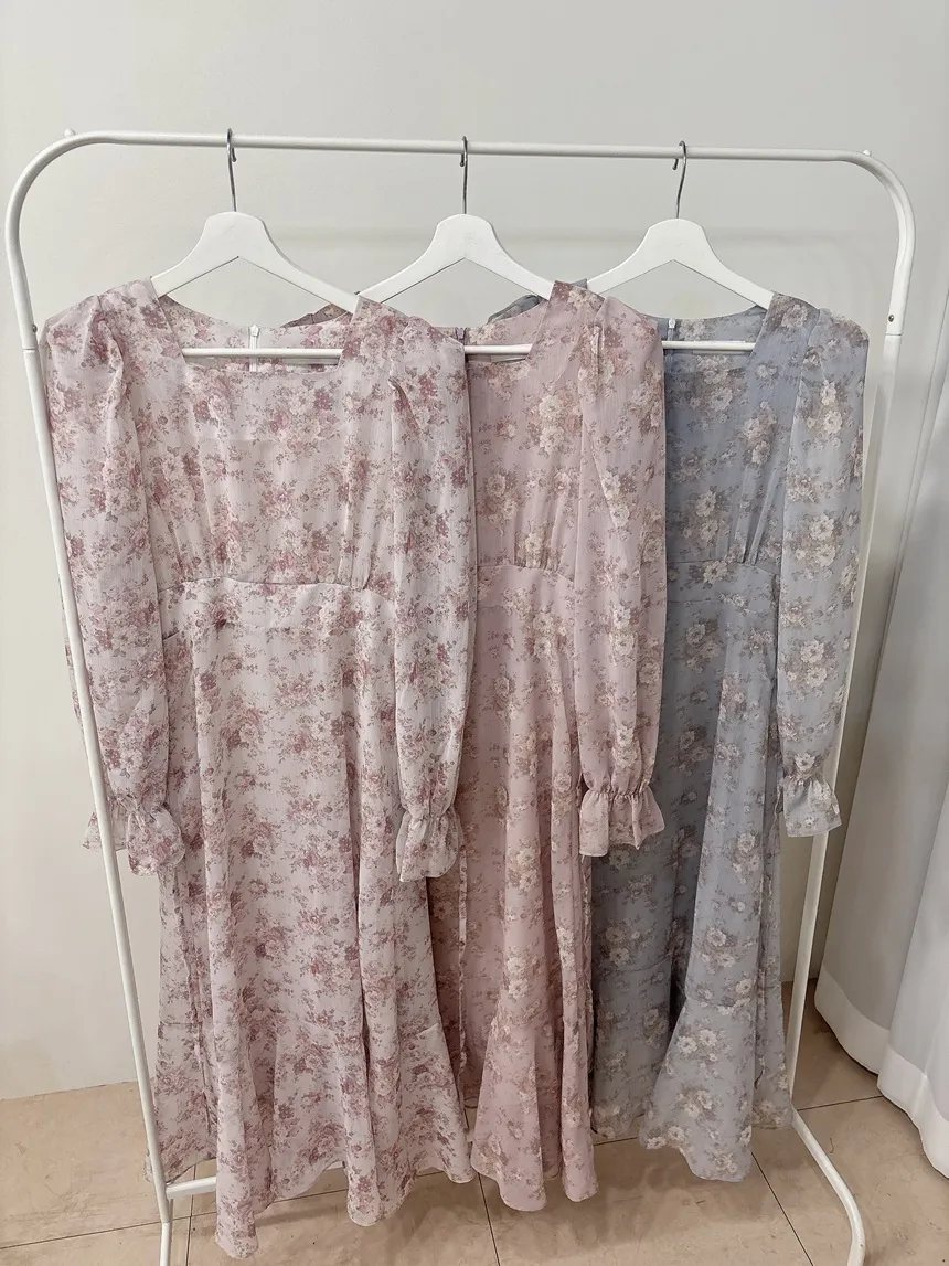 スクエアネックシャーリングパフスリーブロング長袖バックリボン小花柄ワンピース | mirangmirang | 詳細画像29