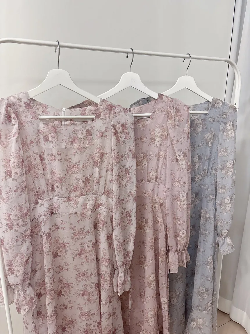 スクエアネックシャーリングパフスリーブロング長袖バックリボン小花柄ワンピース | mirangmirang | 詳細画像30