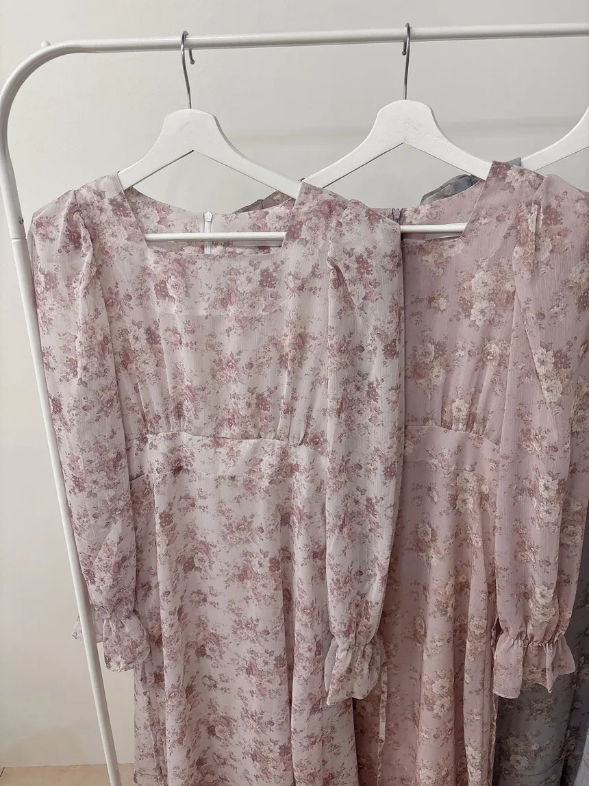 スクエアネックシャーリングパフスリーブロング長袖バックリボン小花柄ワンピース | mirangmirang | 詳細画像31