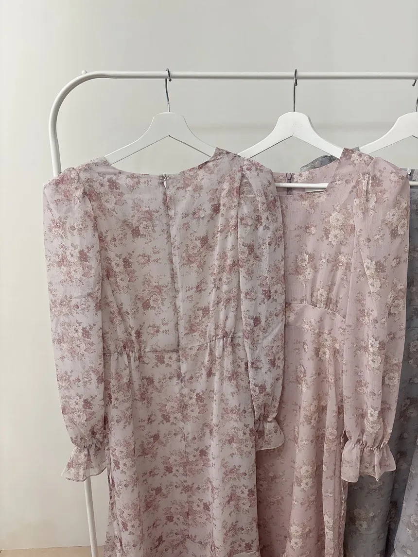 スクエアネックシャーリングパフスリーブロング長袖バックリボン小花柄ワンピース | mirangmirang | 詳細画像32