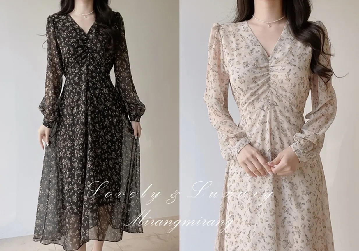 Vネック長袖ロングシャーリングバックリボン小花柄ワンピース | mirangmirang | 詳細画像1