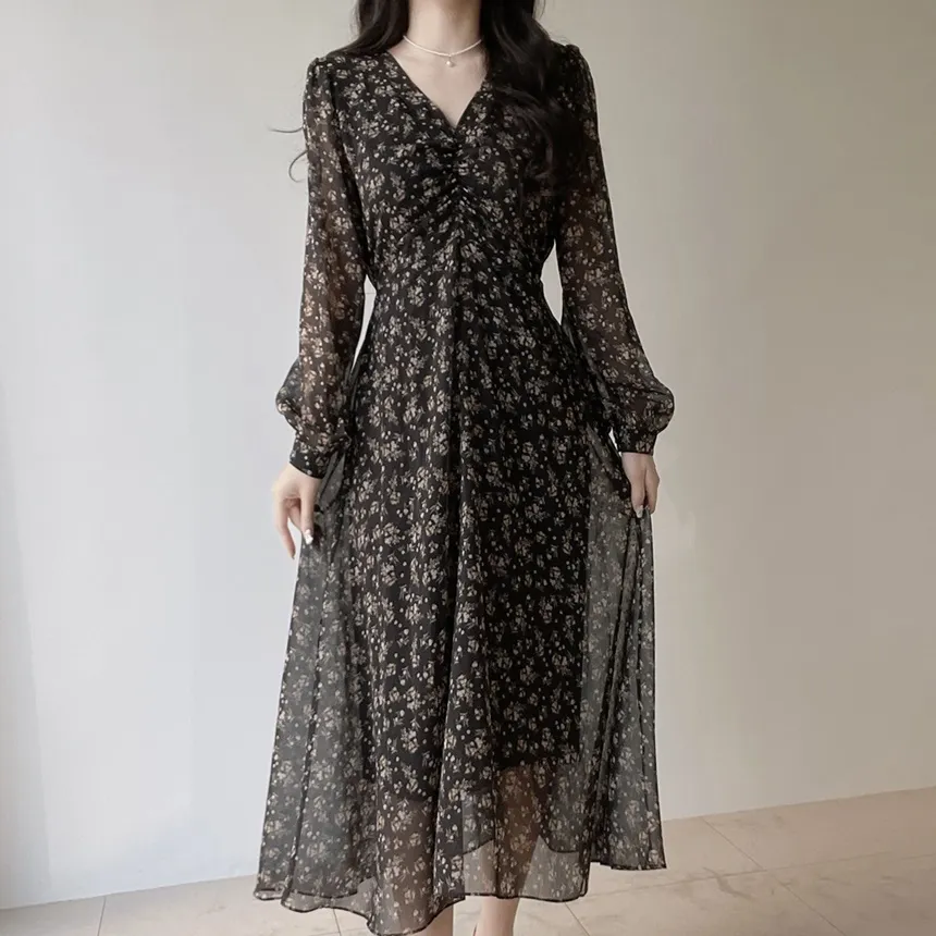 Vネック長袖ロングシャーリングバックリボン小花柄ワンピース | mirangmirang | 詳細画像2