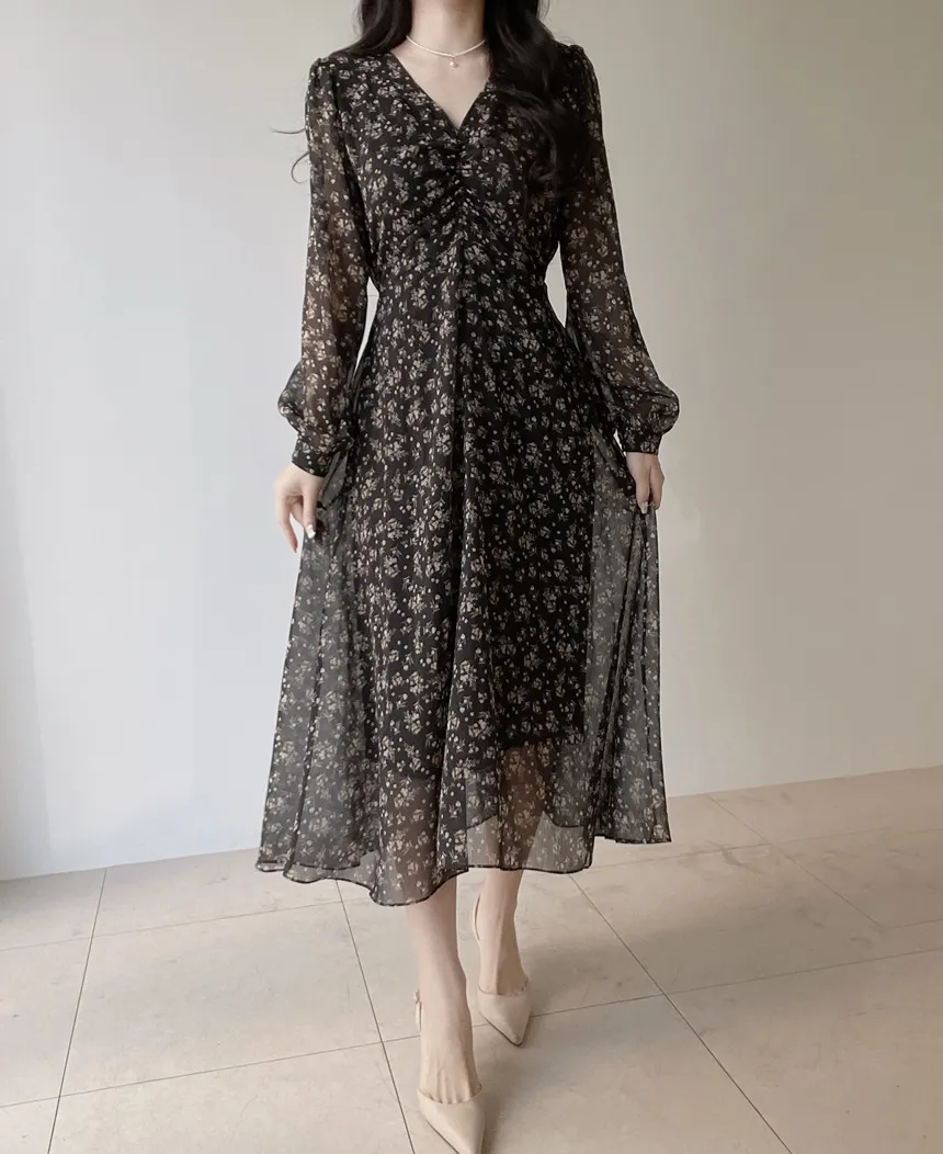 Vネック長袖ロングシャーリングバックリボン小花柄ワンピース | mirangmirang | 詳細画像6