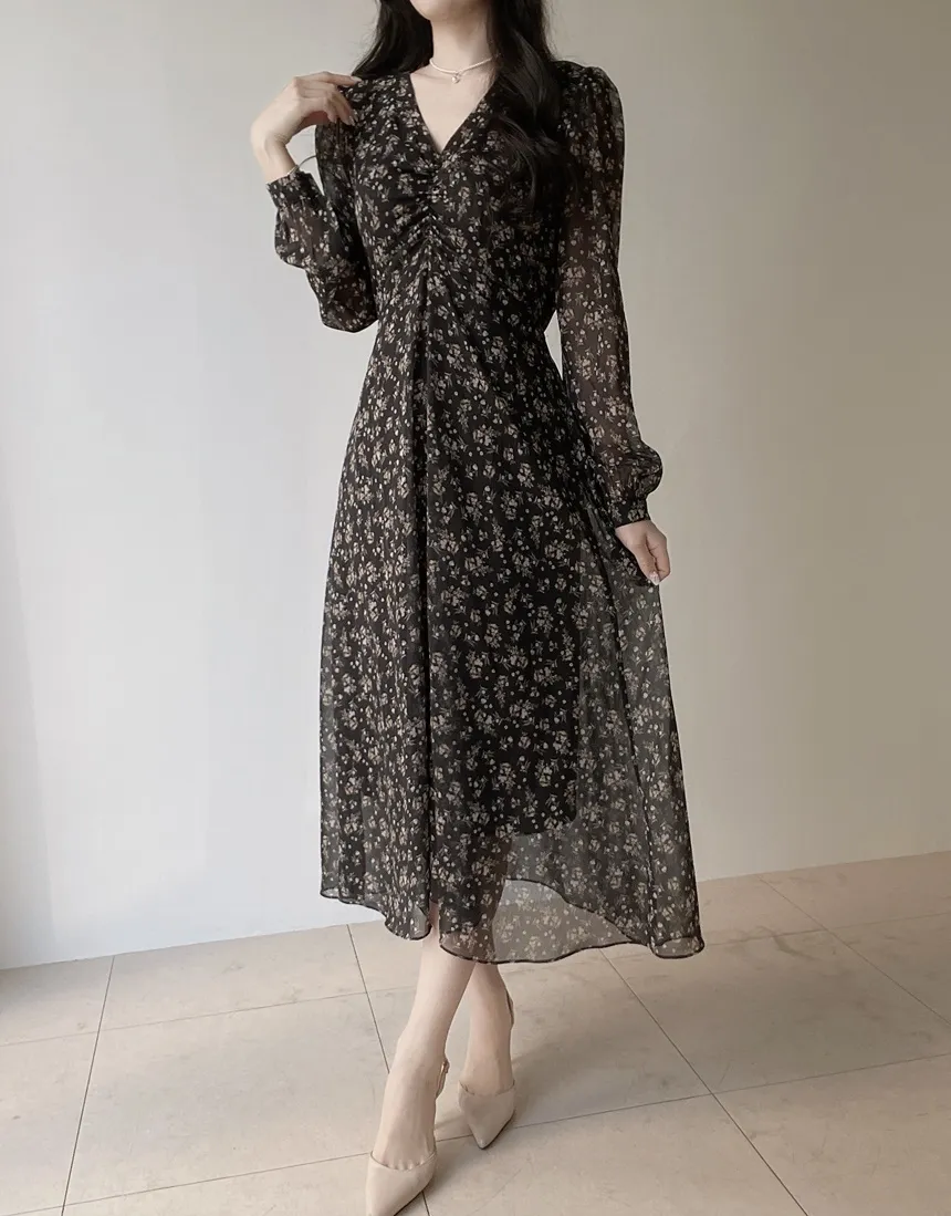 Vネック長袖ロングシャーリングバックリボン小花柄ワンピース | mirangmirang | 詳細画像7