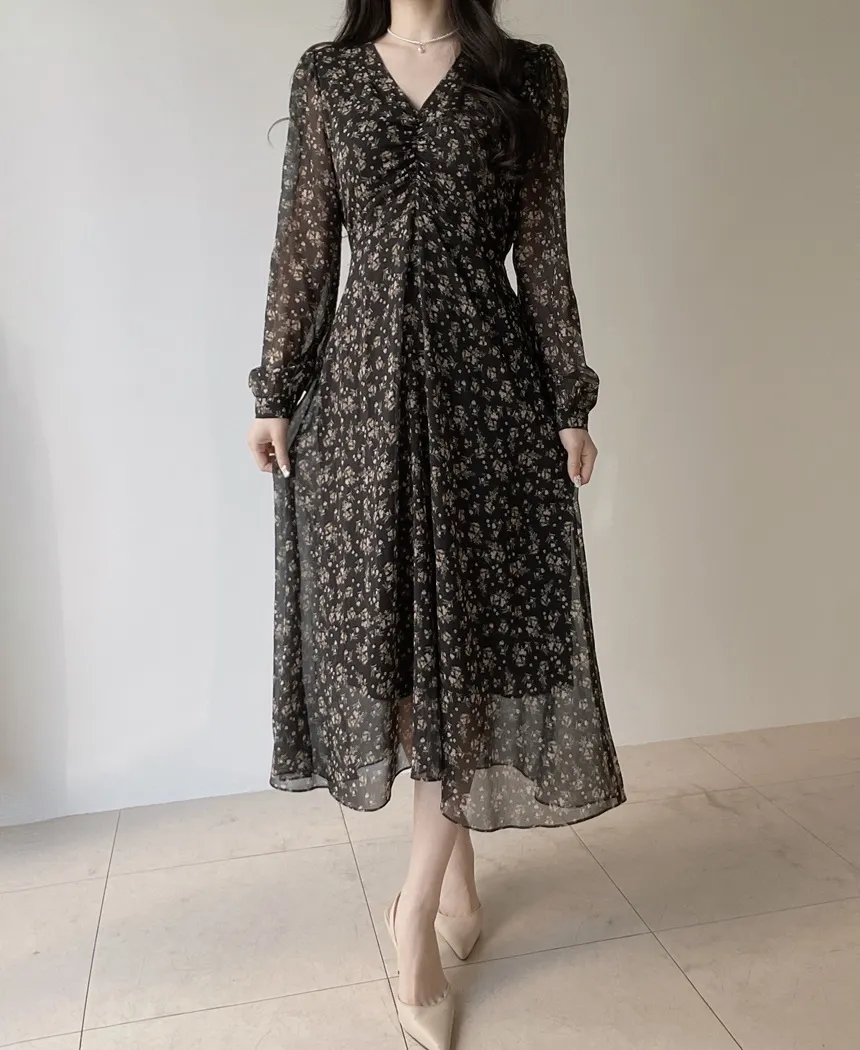 Vネック長袖ロングシャーリングバックリボン小花柄ワンピース | mirangmirang | 詳細画像8