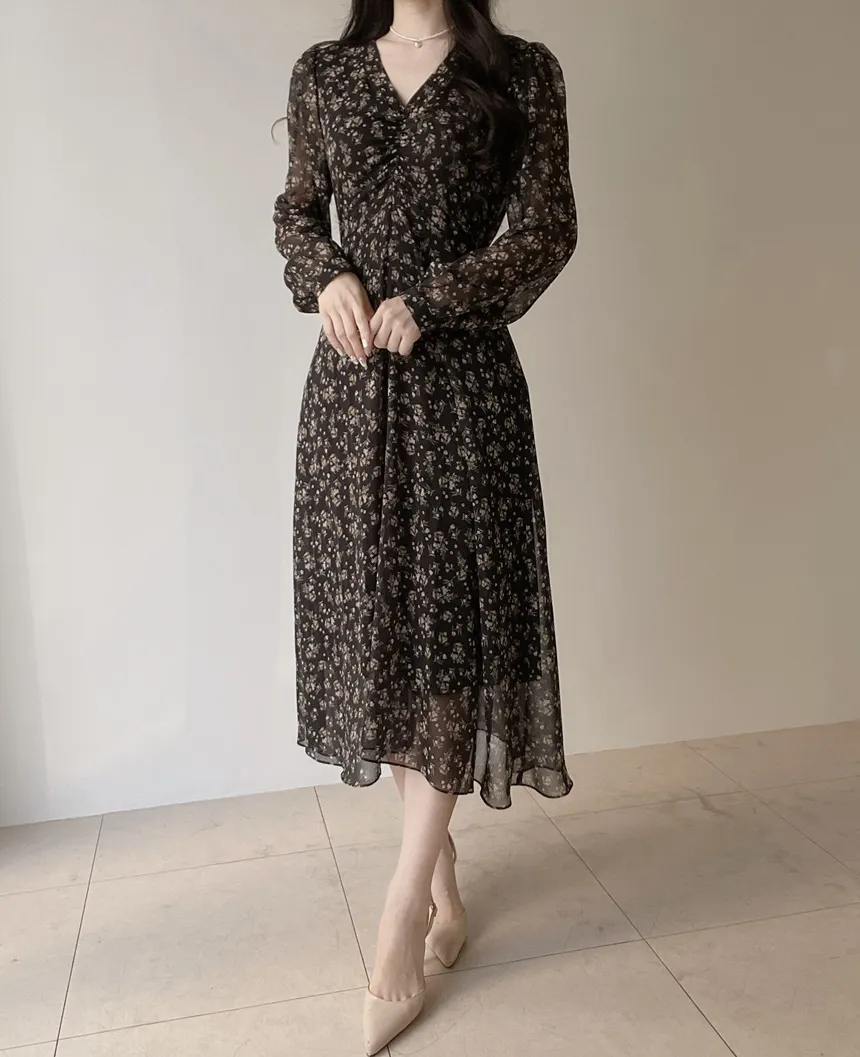 Vネック長袖ロングシャーリングバックリボン小花柄ワンピース | mirangmirang | 詳細画像9