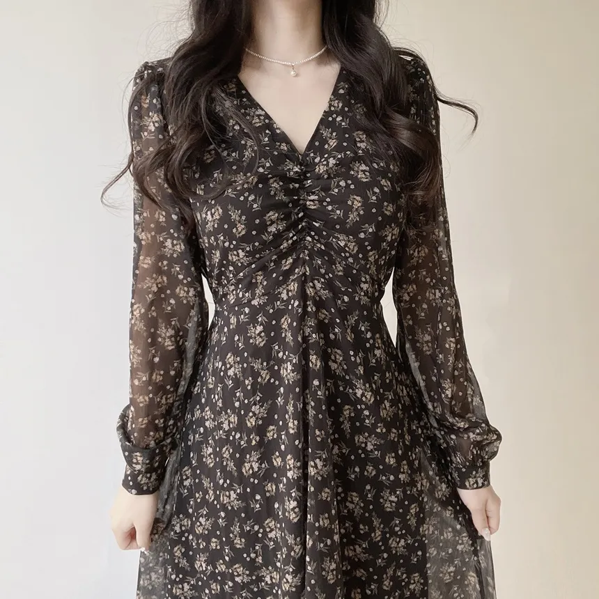 Vネック長袖ロングシャーリングバックリボン小花柄ワンピース | mirangmirang | 詳細画像10