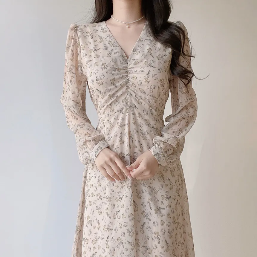 Vネック長袖ロングシャーリングバックリボン小花柄ワンピース | mirangmirang | 詳細画像11