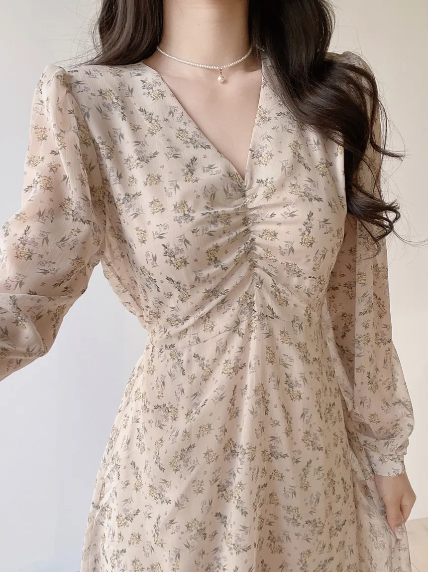 Vネック長袖ロングシャーリングバックリボン小花柄ワンピース | mirangmirang | 詳細画像13