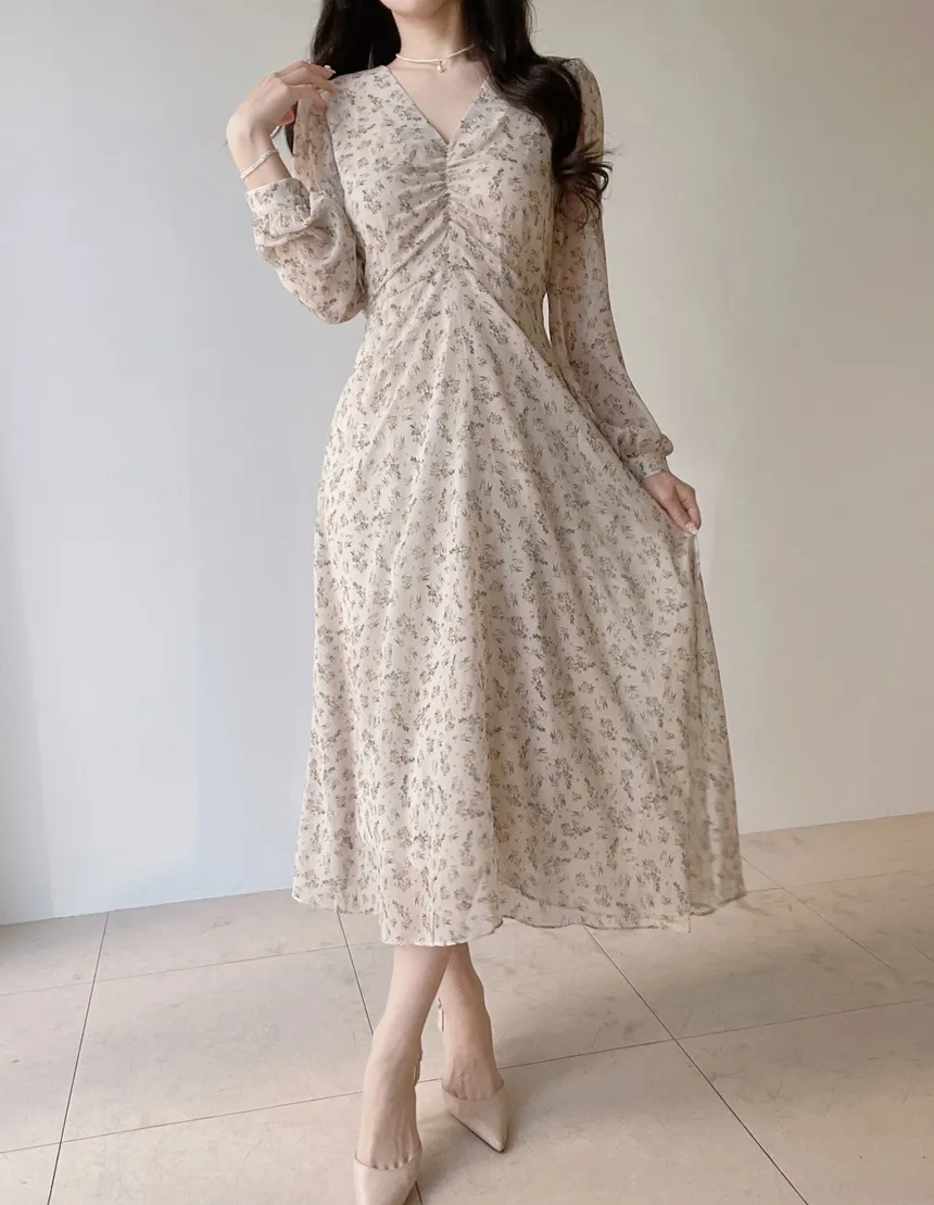 Vネック長袖ロングシャーリングバックリボン小花柄ワンピース | mirangmirang | 詳細画像15