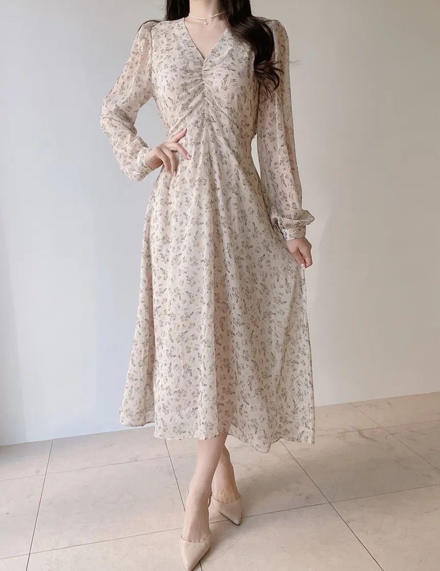 Vネック長袖ロングシャーリングバックリボン小花柄ワンピース | mirangmirang | 詳細画像16