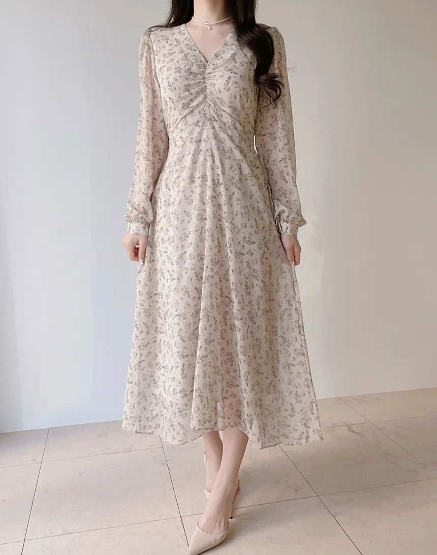 Vネック長袖ロングシャーリングバックリボン小花柄ワンピース | mirangmirang | 詳細画像17