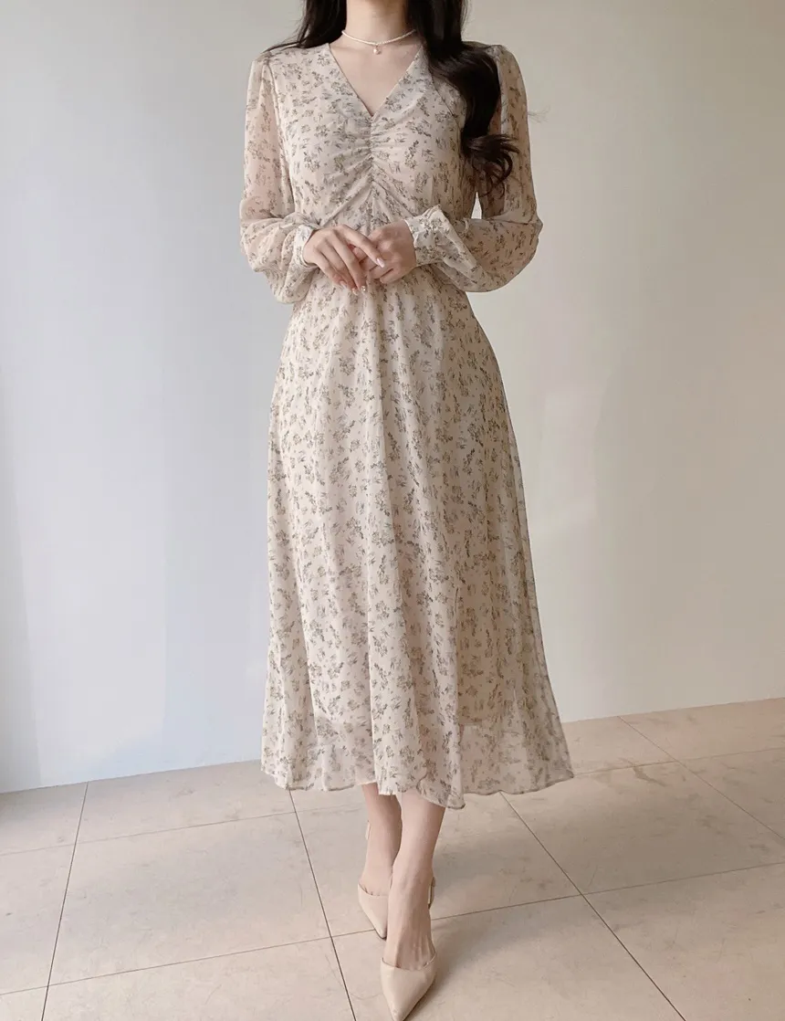 Vネック長袖ロングシャーリングバックリボン小花柄ワンピース | mirangmirang | 詳細画像18