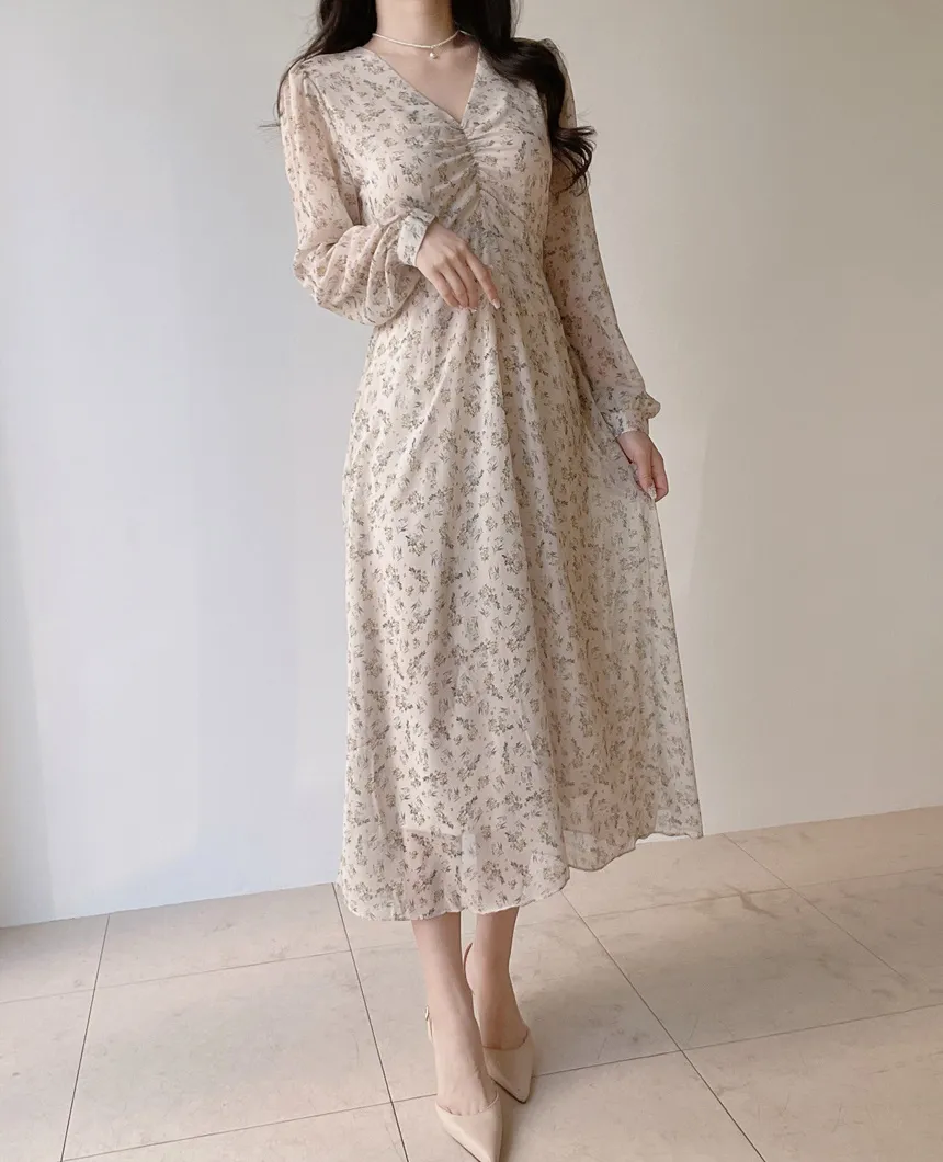 Vネック長袖ロングシャーリングバックリボン小花柄ワンピース | mirangmirang | 詳細画像19