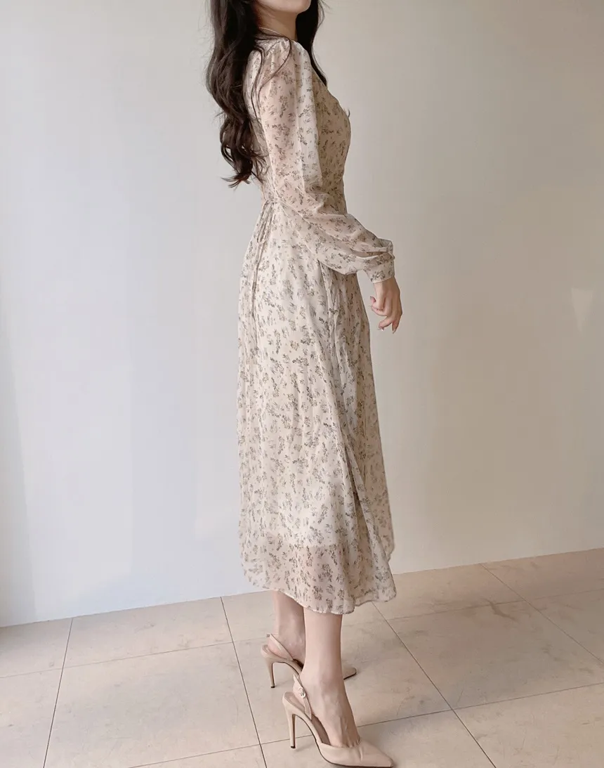 Vネック長袖ロングシャーリングバックリボン小花柄ワンピース | mirangmirang | 詳細画像20