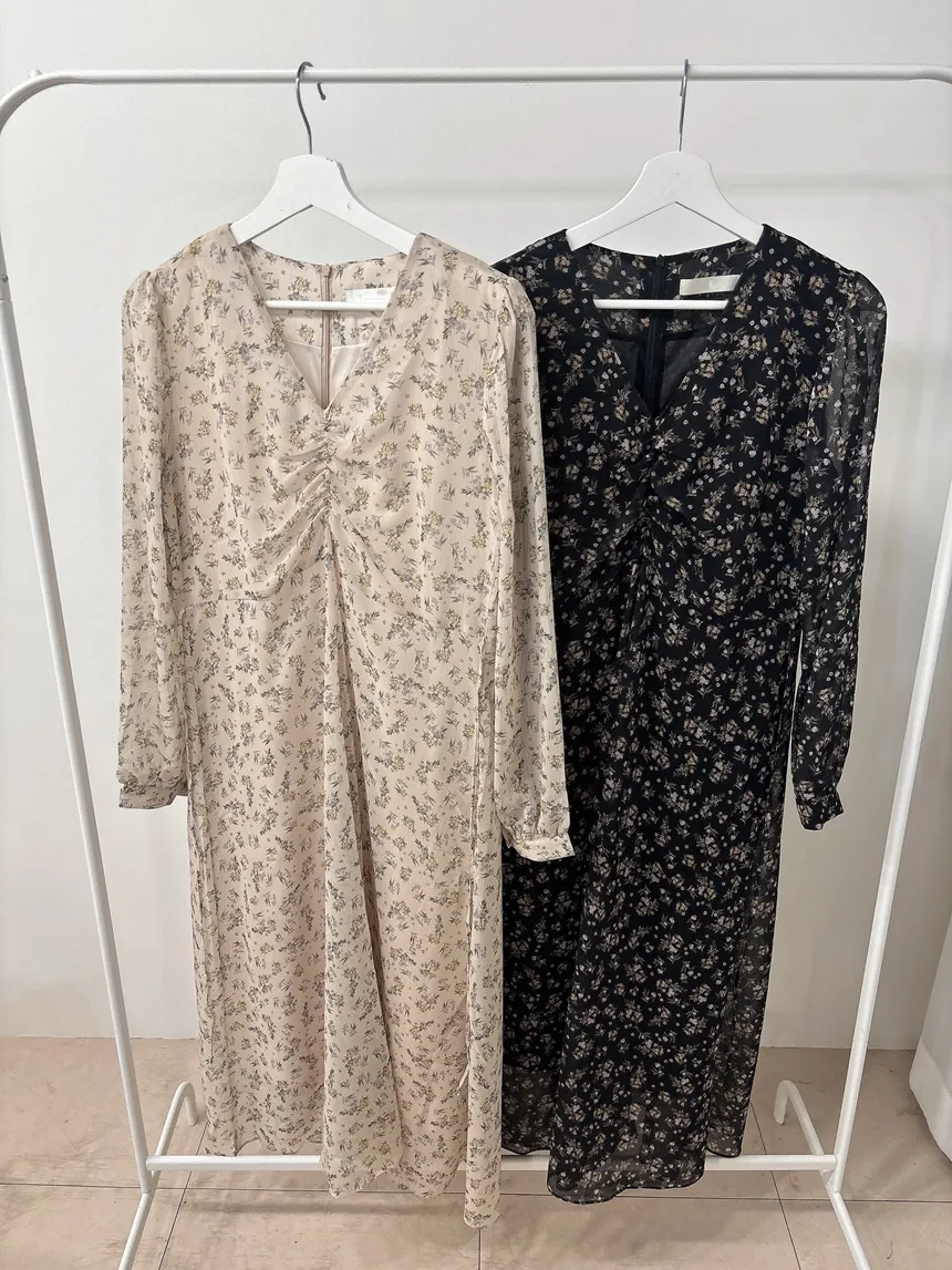 Vネック長袖ロングシャーリングバックリボン小花柄ワンピース | mirangmirang | 詳細画像21