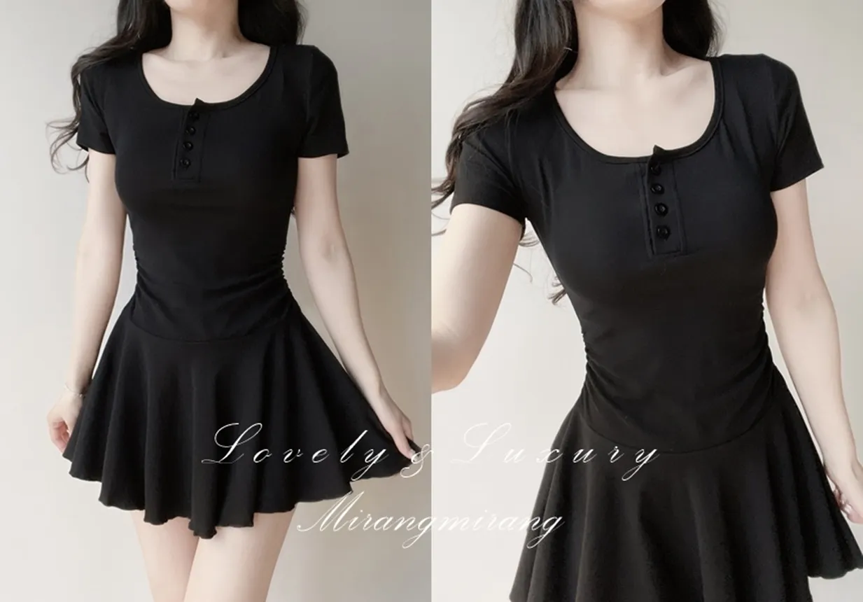 半袖フレアシャーリングヘンリーネックボタンワンピース | mirangmirang | 詳細画像1