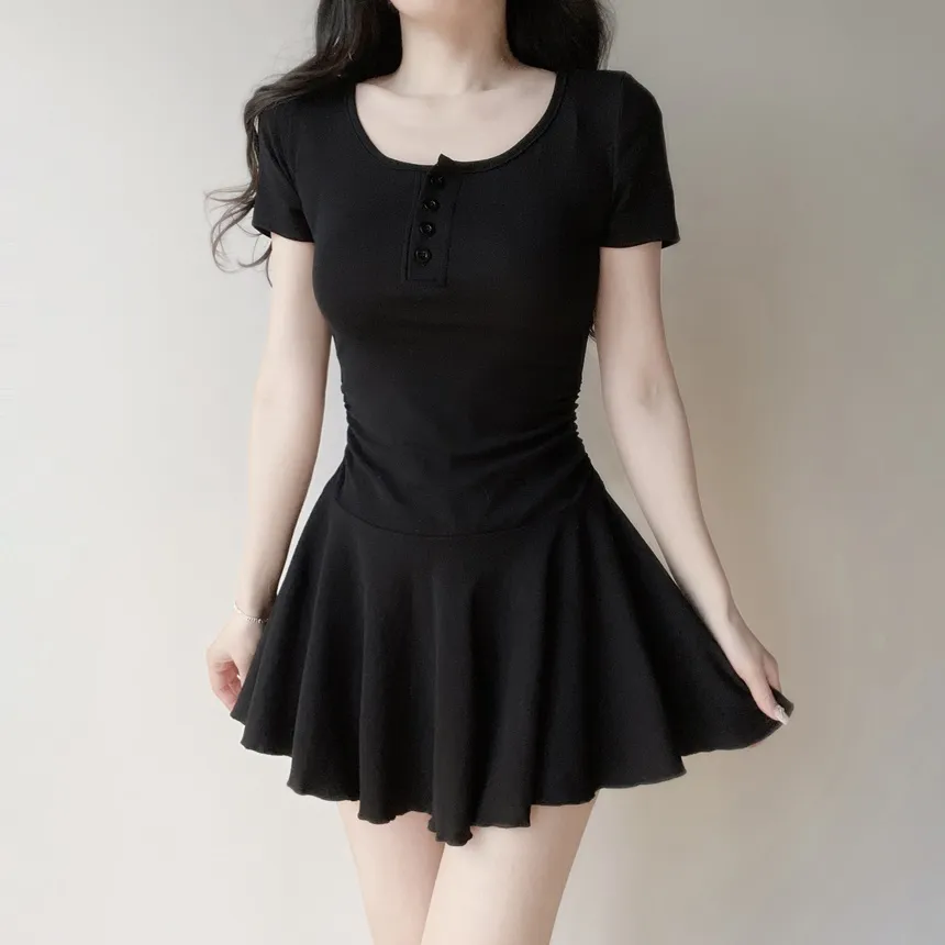 半袖フレアシャーリングヘンリーネックボタンワンピース | mirangmirang | 詳細画像2