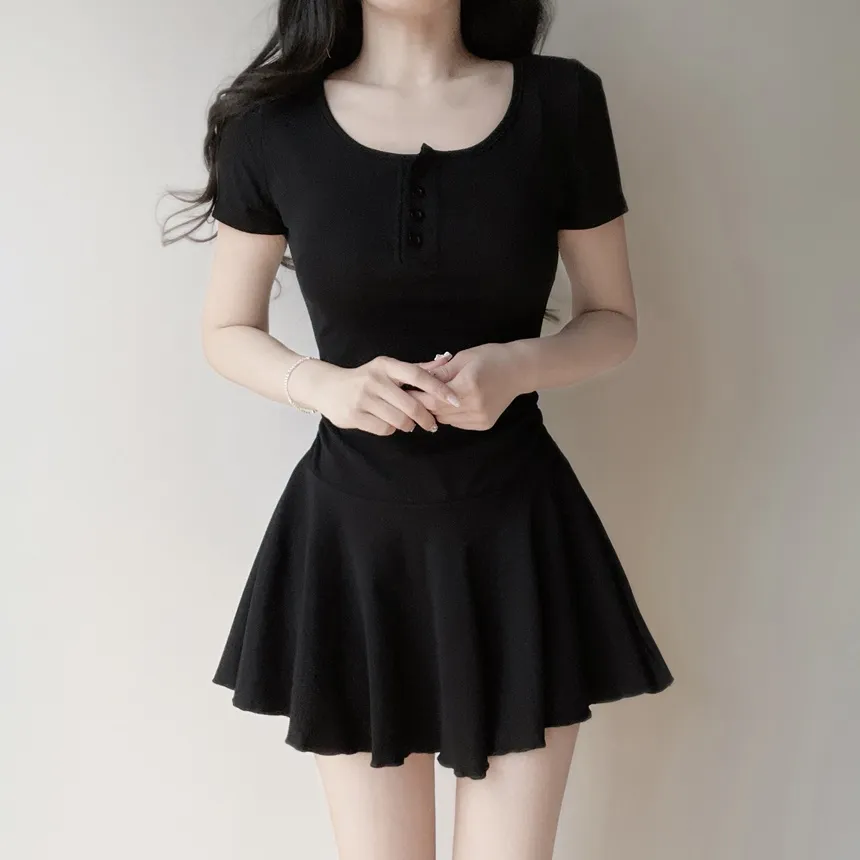 半袖フレアシャーリングヘンリーネックボタンワンピース | mirangmirang | 詳細画像3